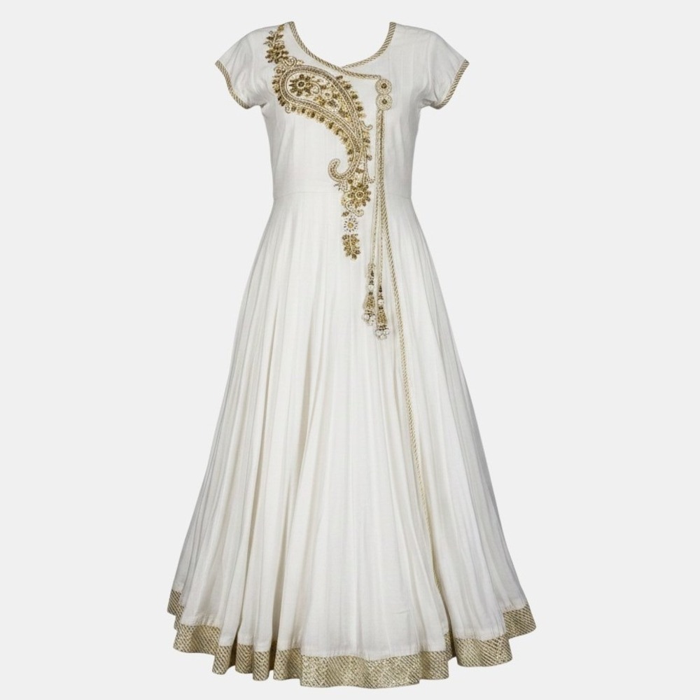 White Gold Anarkali‎ Kurta Dress L Embroidered Sequin Wedding Bollywood Ethnic